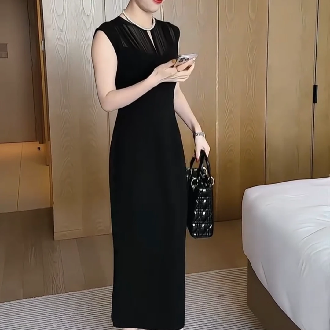 夏季新款修身显瘦拼接黑色气质无袖中长款连衣裙FJ70701