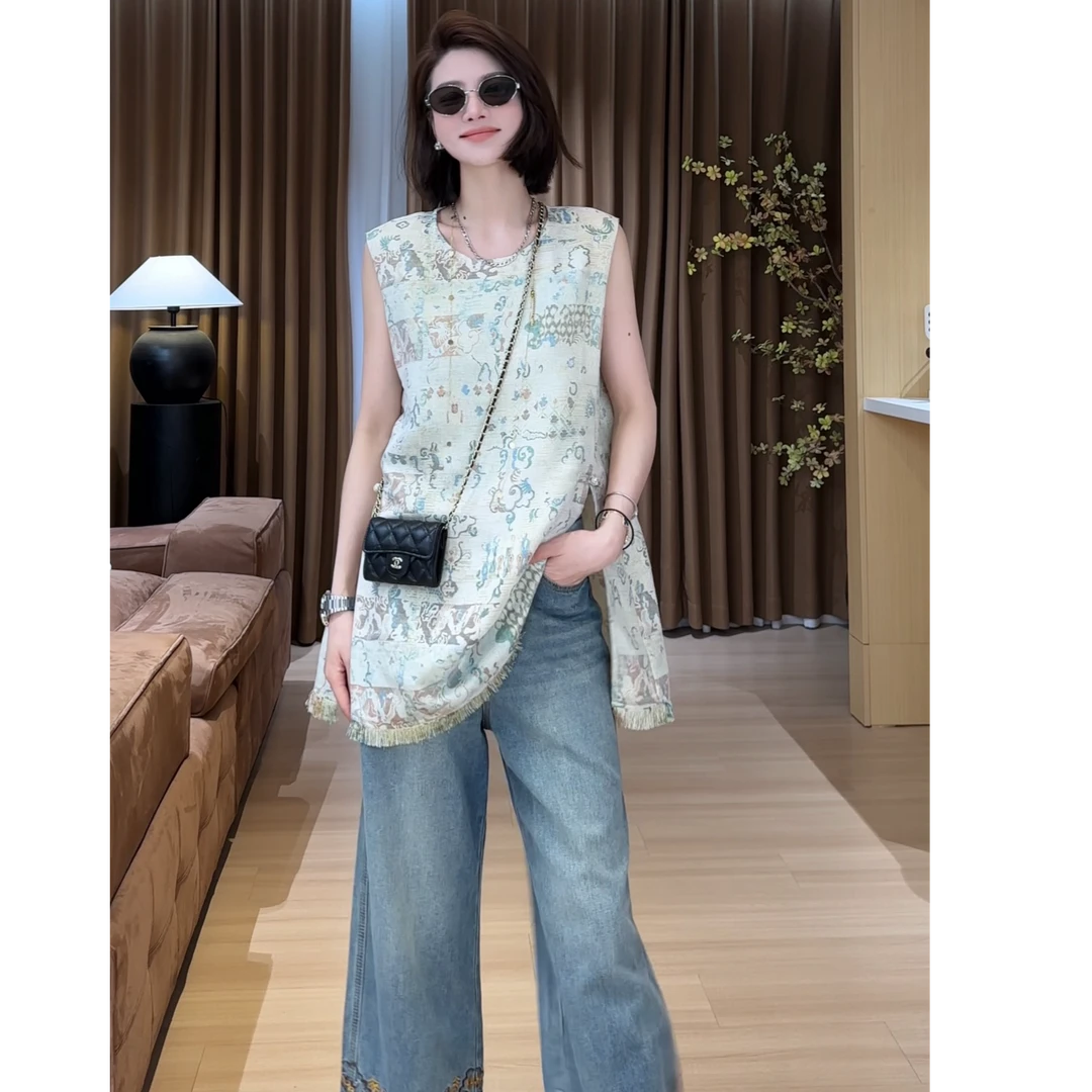 玖了个玖 2025夏季小众设计流苏下摆金丝线提花国风背心2505C2679