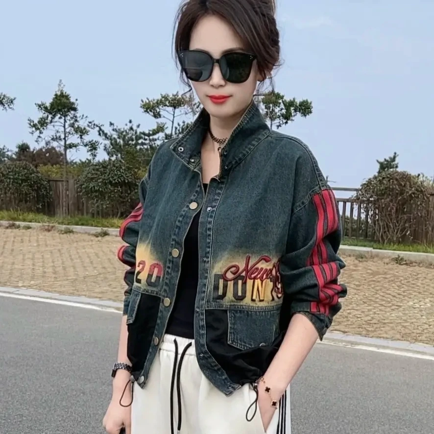 立领复古牛仔外套2025春季新款时尚条纹印花减龄百搭显瘦短款上衣