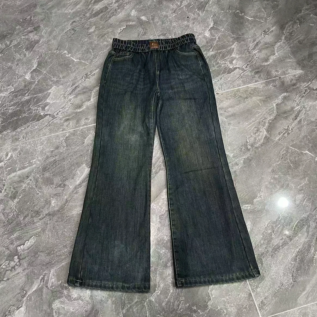 秋冬新款时尚百搭加绒牛仔微喇裤松紧腰瑕疵女裤长裤子506长98