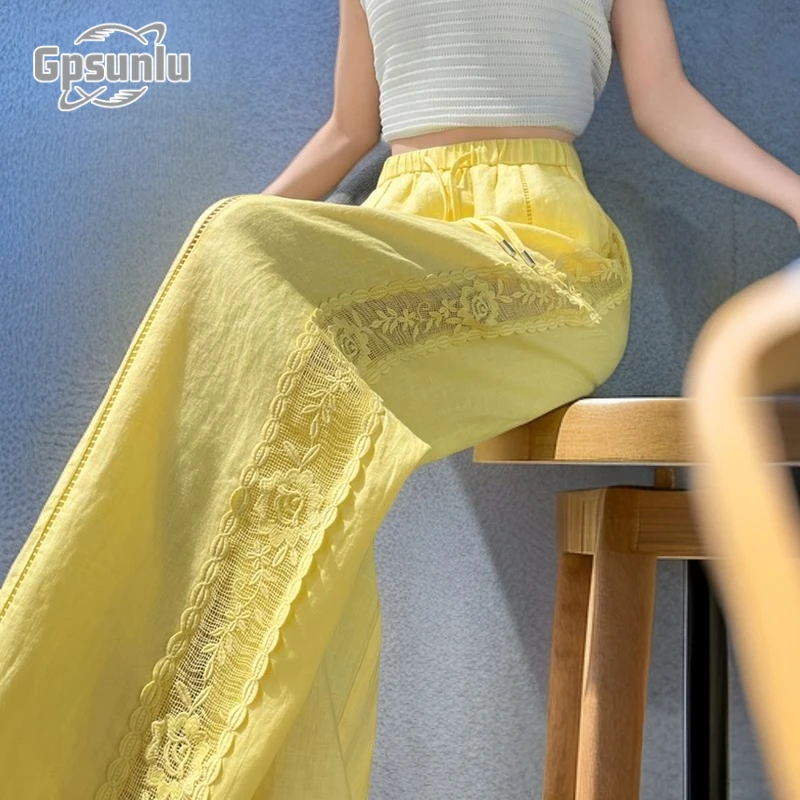 gpsunlu多巴胺薄款高腰休闲蕾丝拼接时尚山本裤防晒阔腿裤女夏日
