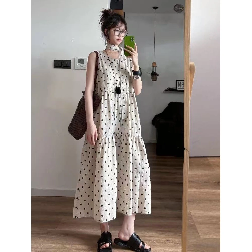 法式复古波点无袖连衣裙女2025夏季穿搭宽松休闲长款大摆背心裙子