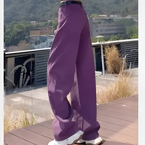 2025年春秋季新款大码紫色牛仔裤女装显瘦高腰宽松拖地阔腿裤子潮