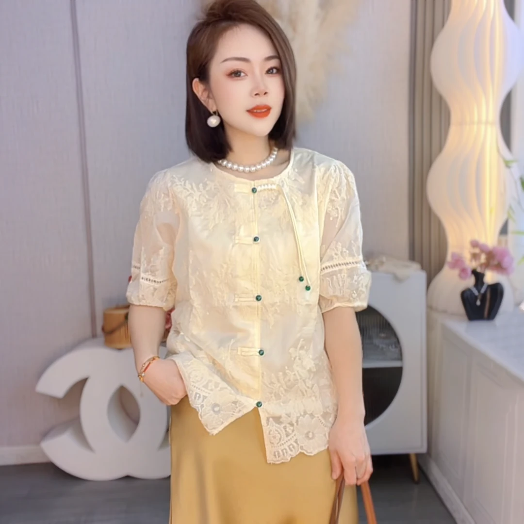 刺绣国风衬衫外套女2025新款宽松显瘦小衫短袖气质新中式衬衣上衣