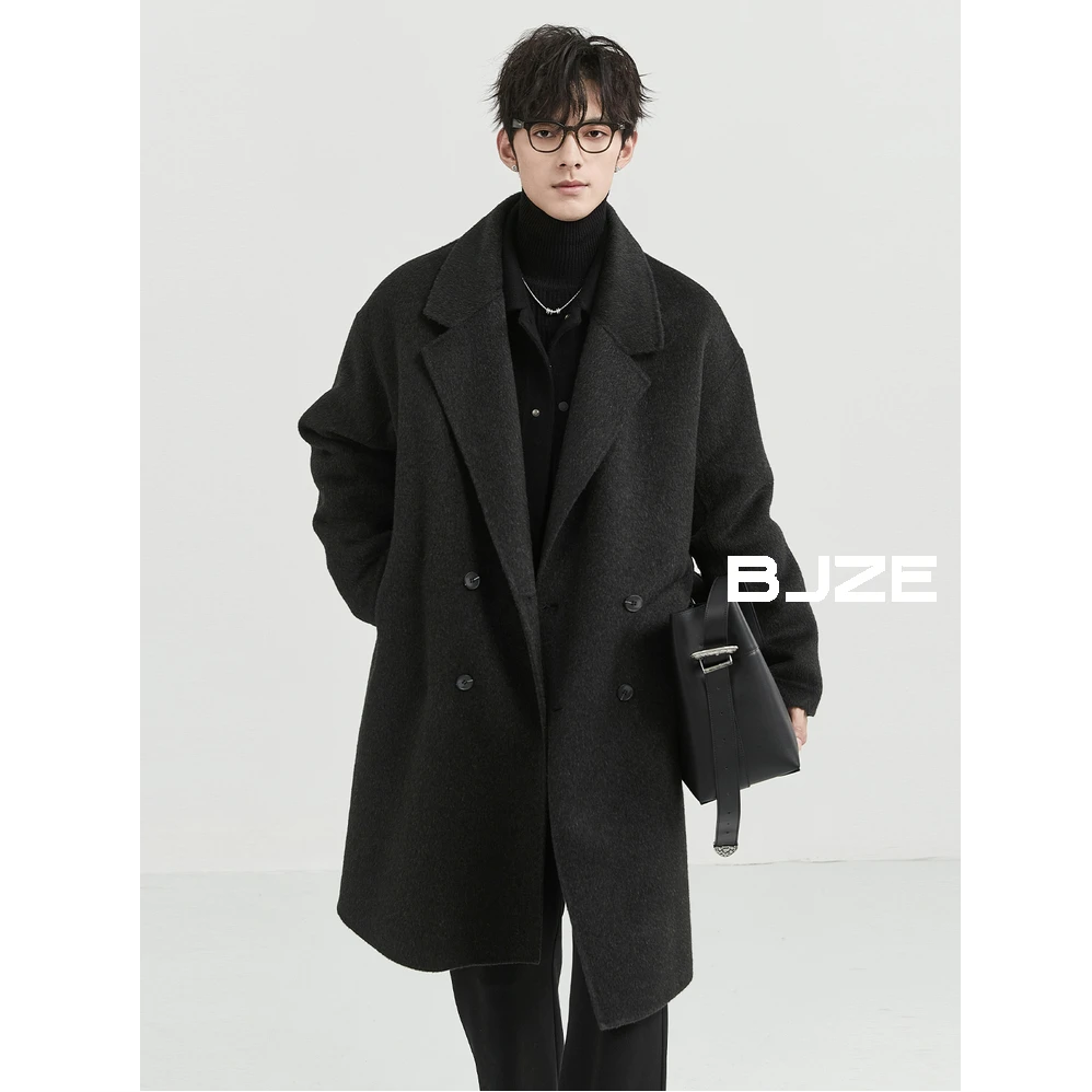DH双排扣男休闲百搭宽松中长款加厚双面呢牦牛绒大衣P441740