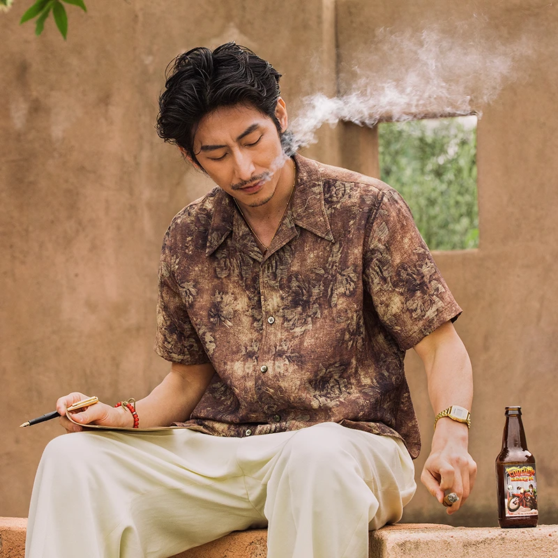 SOARIN复古英伦风古巴领印花衬衫男雅痞巴洛克休闲透气夏威夷衬衣