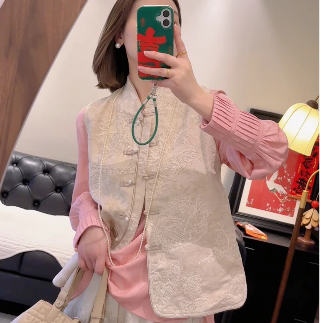 Art li 莉姐春季新款国风中式立领盘扣马甲时尚气质提花马夹2F30