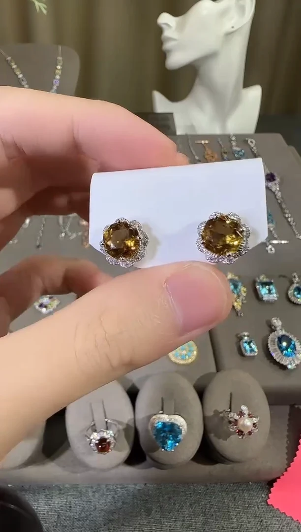 银S925镶嵌耳饰黄晶12mm耳钉玫瑰款
