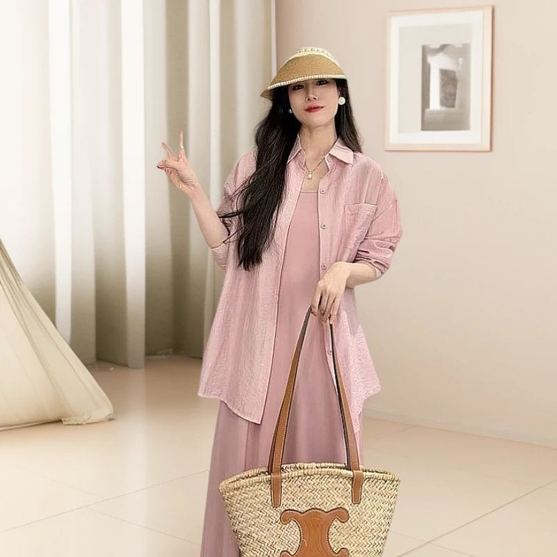 森系极简风时尚套装夏季时尚吊带连衣裙休闲衬衣减龄轻奢显瘦上衣