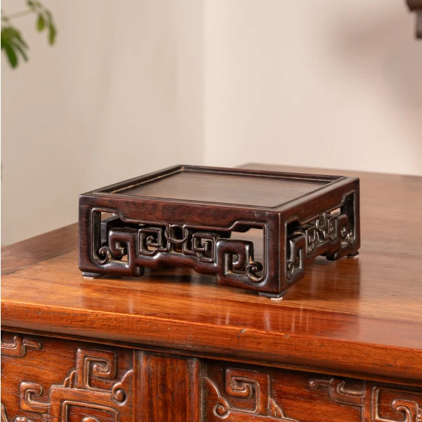 清中期 红木透雕回纹方形器座 老物件文玩古董中式大红酸枝底座