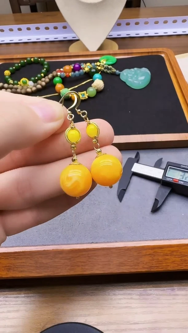 蜜蜡14K金镶嵌耳饰E155