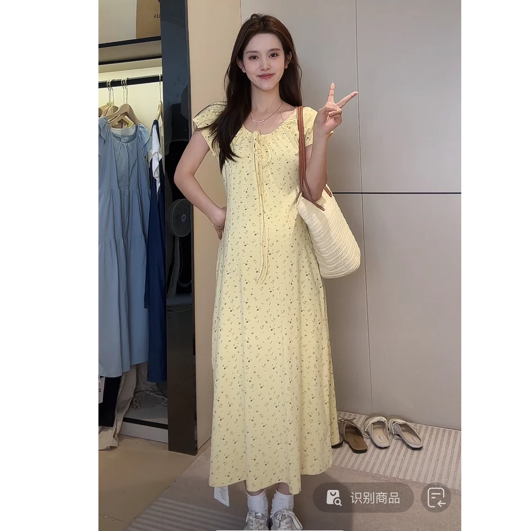 YNVO时尚~2025新款优质版孕妇纯棉针织印花连衣裙温柔设计感长裙
