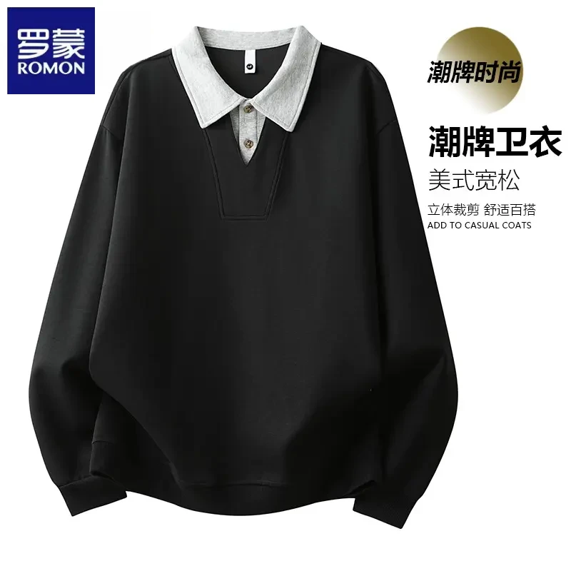 罗蒙假两件卫衣男士2025秋冬新款长袖polo衫宽松休闲百搭翻领上衣