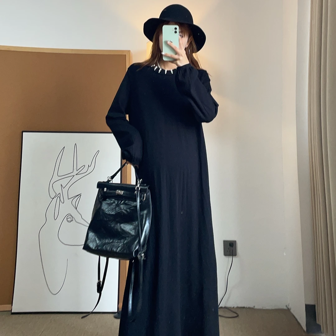 孕妇装高个子秋冬圆领过膝到脚踝毛衣冬中长款宽松针织打底连衣裙