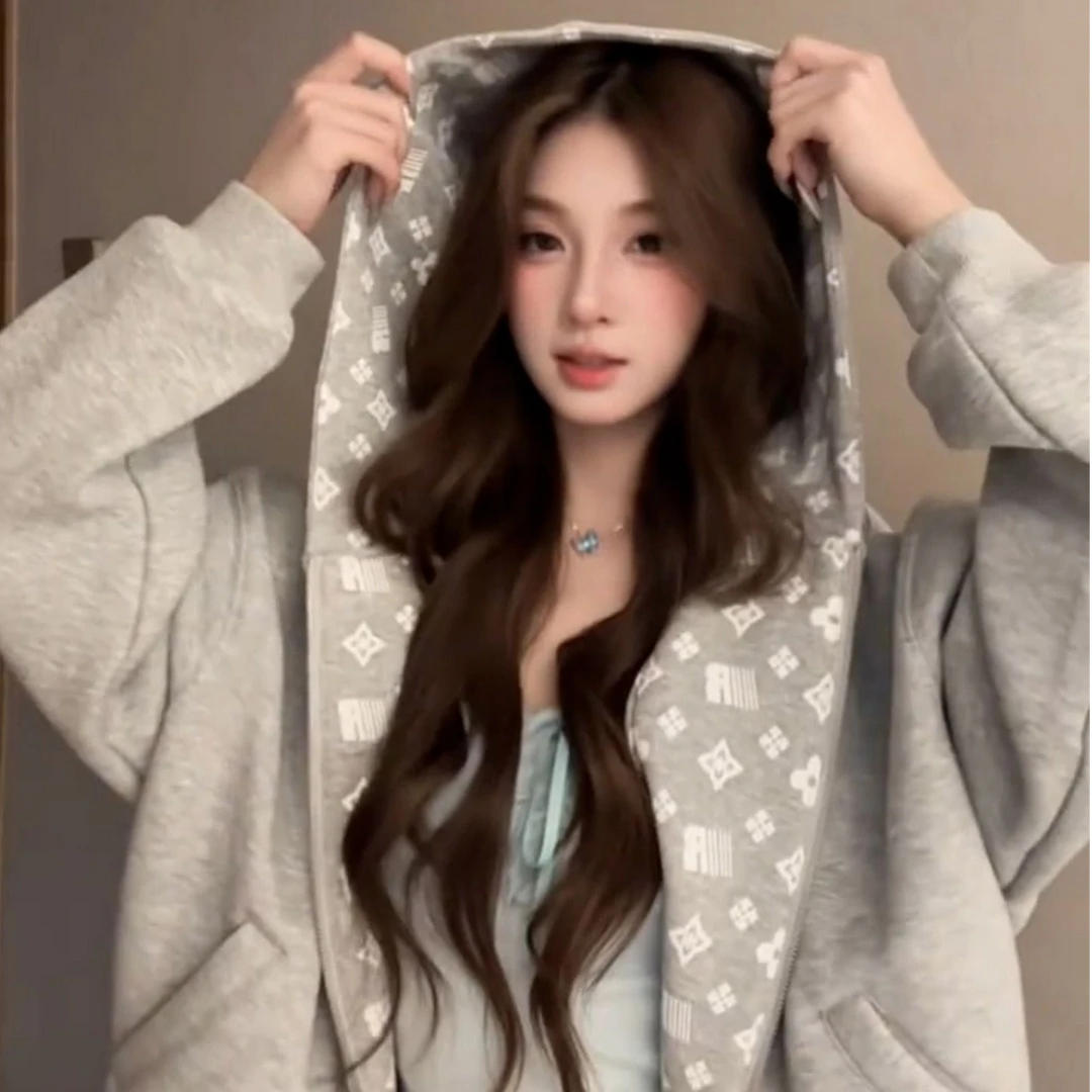 美式复古潮牌印花连帽卫衣男女款秋冬季2025新款宽松拉链开衫外套