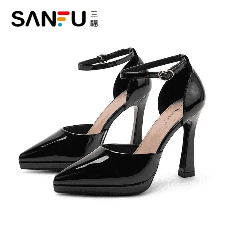 三福2025夏季新款防水台粗跟凉鞋女中空包头一字扣带玛丽珍高跟鞋