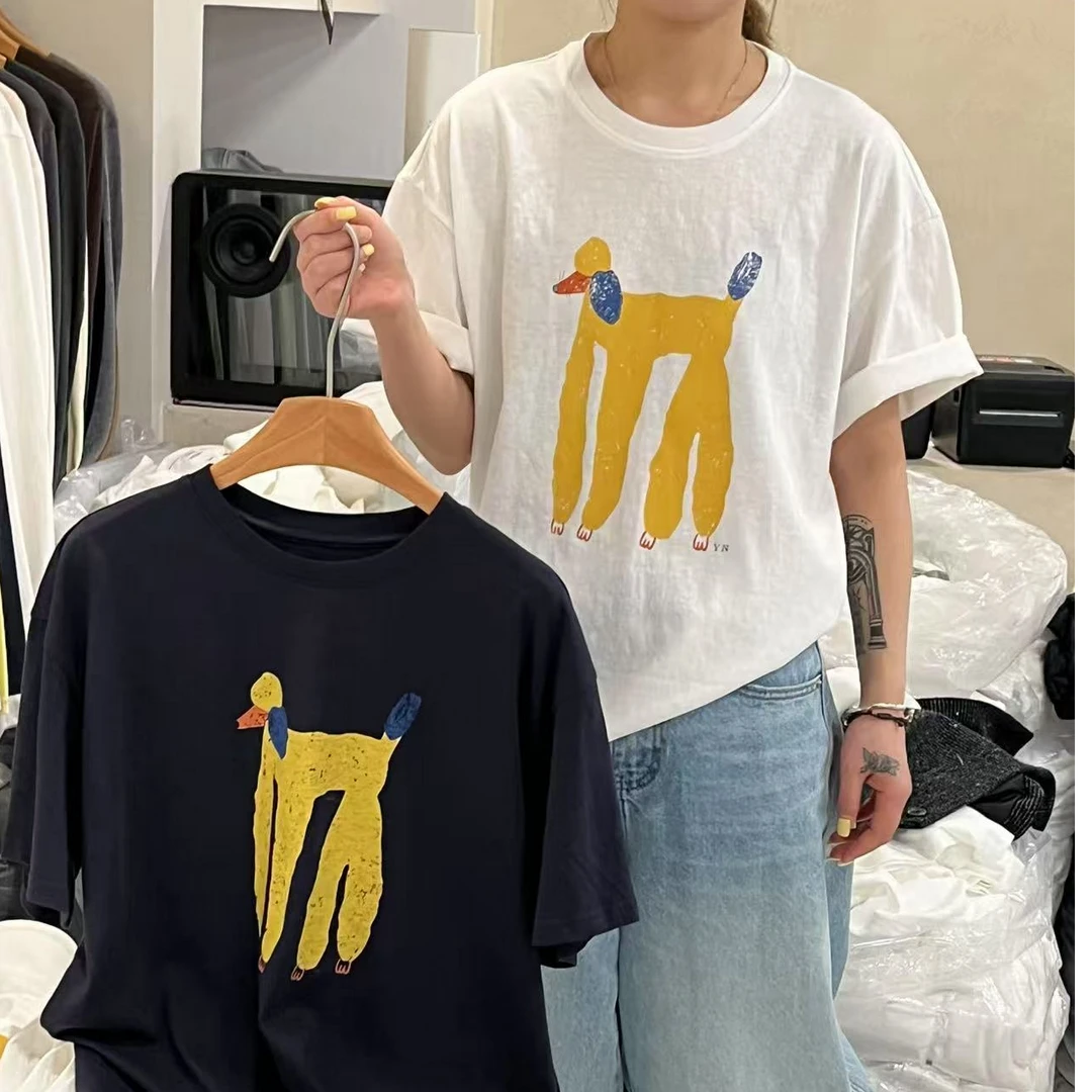 高品质2025夏时尚圆领抽象长腿小狗图案印花美式潮流落肩短袖T恤