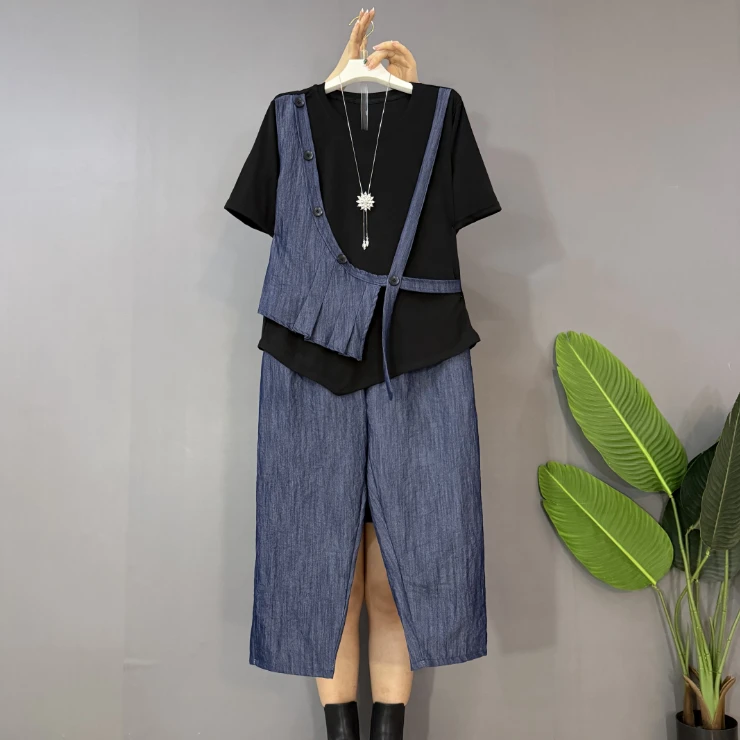 新款大码女装时尚洋气褶皱假两件上衣十八分裤两件套套装