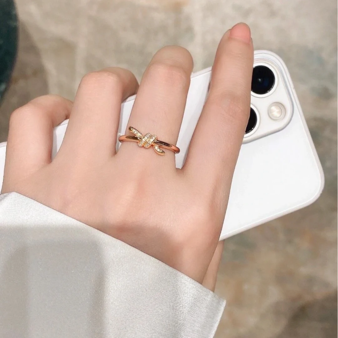99新 Tiffany & Co./蒂芙尼 小花6珊 玫瑰金Knot系列钻石戒指13号