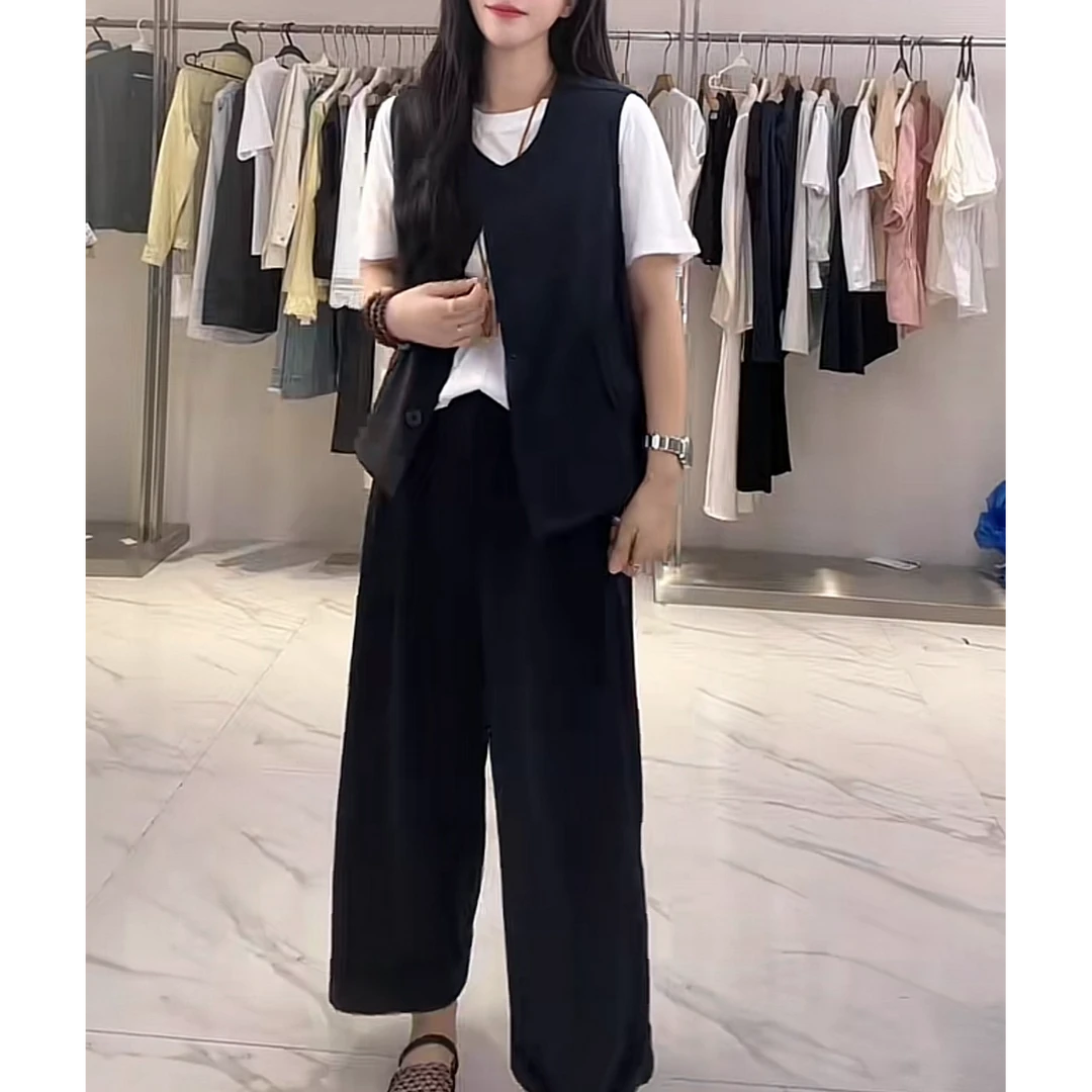 8900夏季新款时尚圆领打底单排扣马甲裤子套装设计感显瘦三件套装