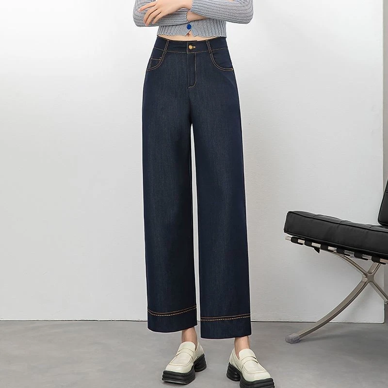 丹宁蓝牛仔裤2025年夏季秋季新款高腰直筒女裤百搭阔腿大码九分裤