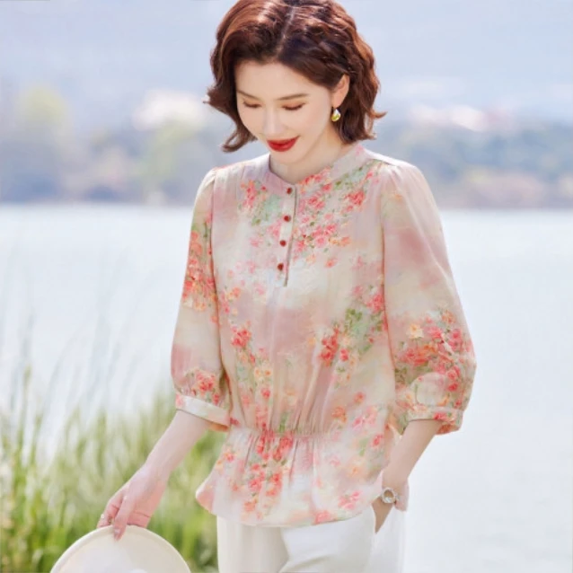 中老年女装国风印花夏衫显瘦雪纺衫小衫套装春夏碎花夏季宽松