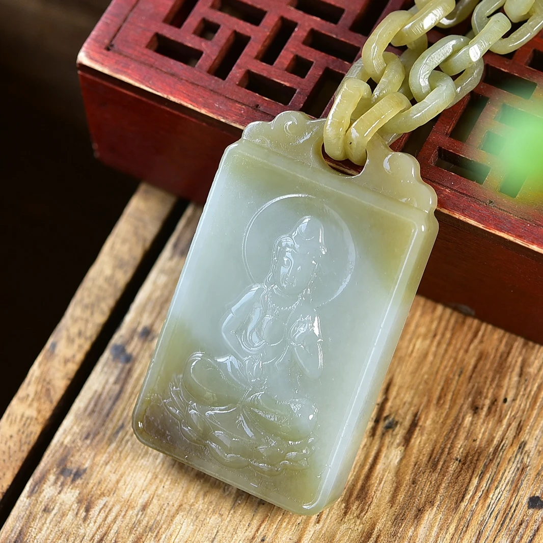 和田玉连体观音吊坠男士玉观音菩萨项链挂件一套