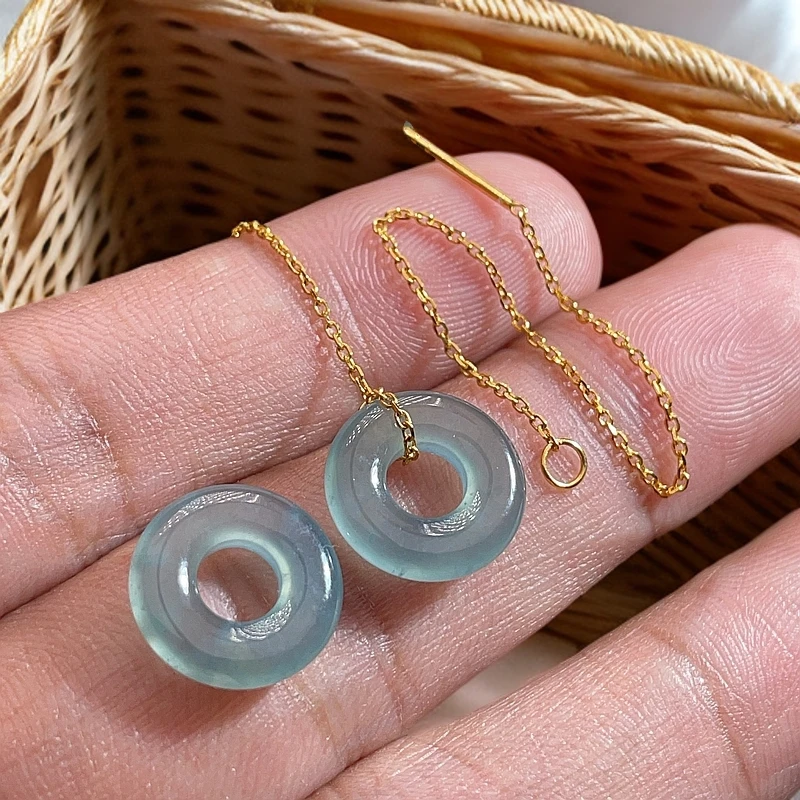 18K金天然翡翠A货-680底色平安扣甜甜圈耳线耳坠耳饰K黄镶嵌玉石