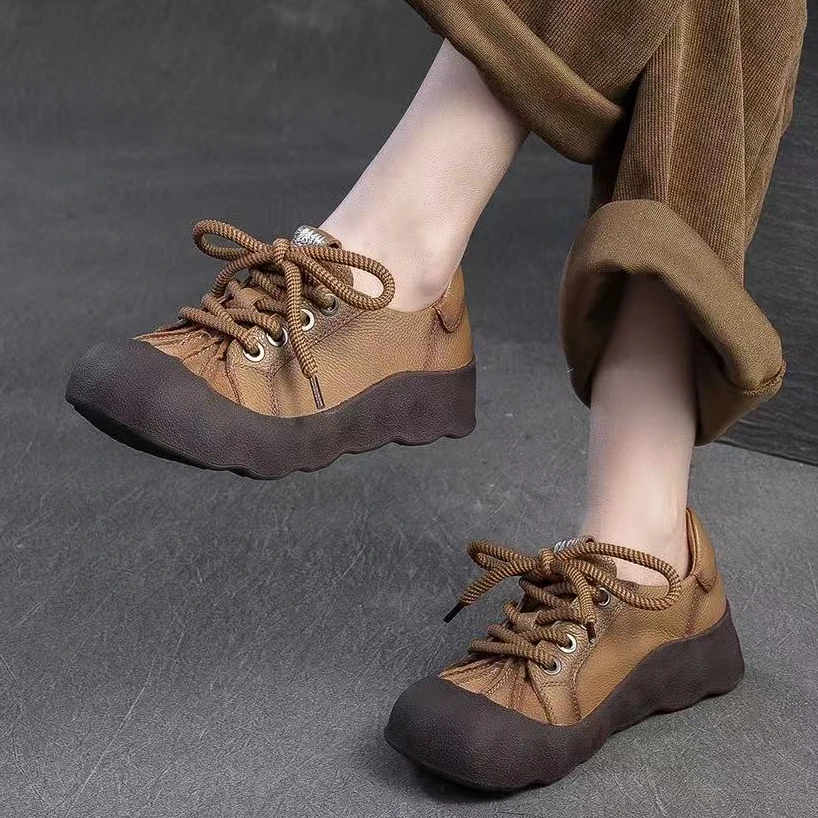 9657鑫春季新款牛皮厚底复古休闲女鞋圆头平底系带软底透气单鞋