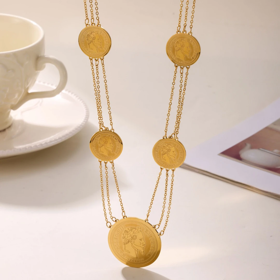 钛钢项链 新款时尚个性圆牌头像项链复古钛钢毛衣链不掉色