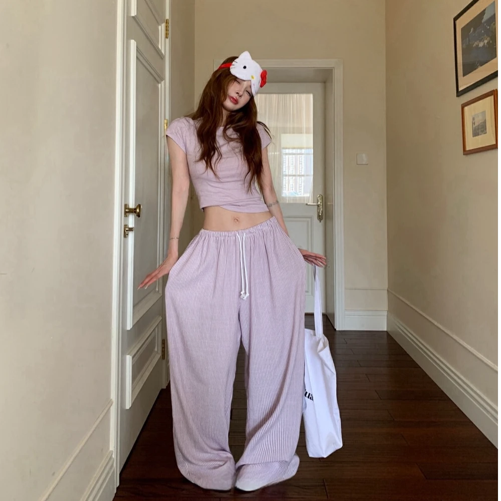 慵懒甜妹条纹修身舒适小众独特短袖T恤+松紧腰洋气阔腿裤套装2157