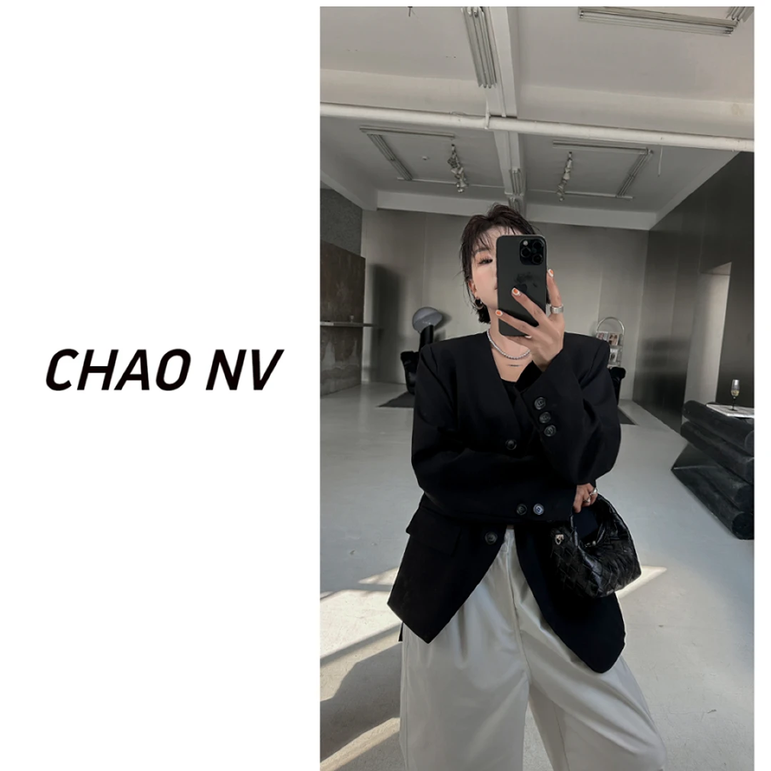 【潮女】71025春季新款时尚休闲百搭显瘦无领三扣西装