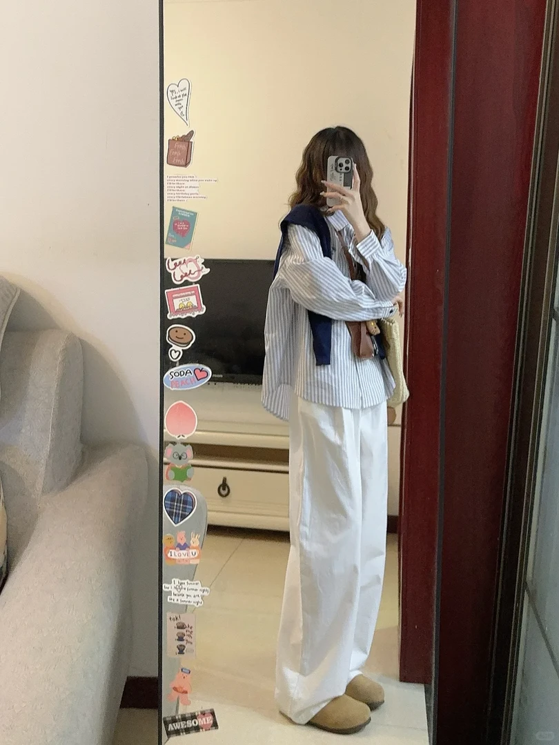 2025早秋新款法式温柔风披肩条纹衬衫上衣搭配休闲裤显瘦两件套女