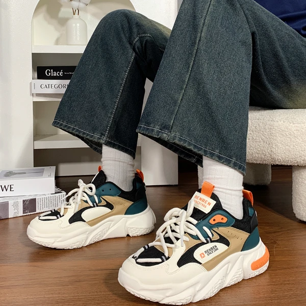 人本男鞋2025春季运动休闲鞋子透气网面增高老爹鞋青少年跑步潮鞋