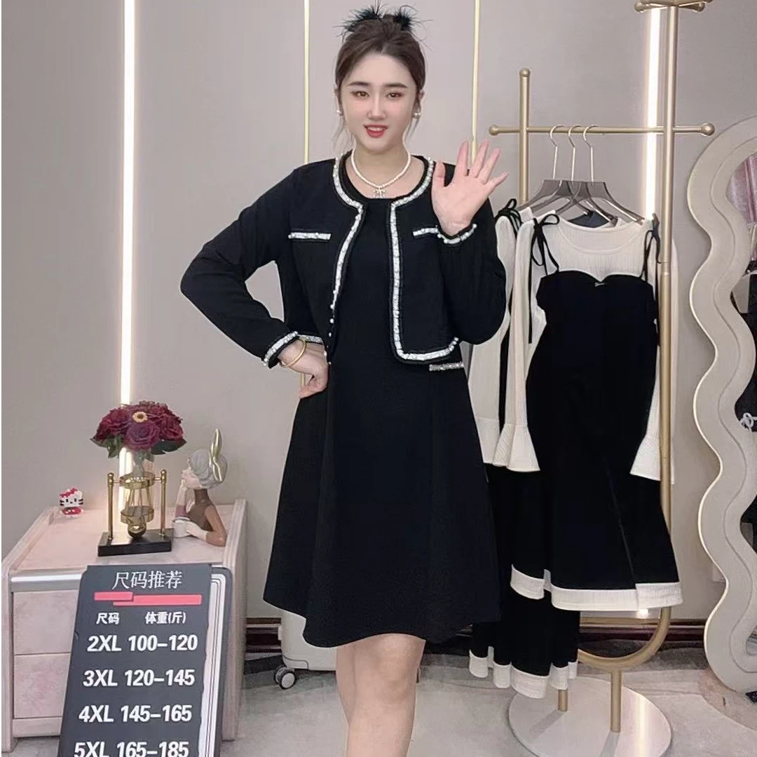 春季新款法式赫本风高级感收腰显瘦真两件套连衣裙
