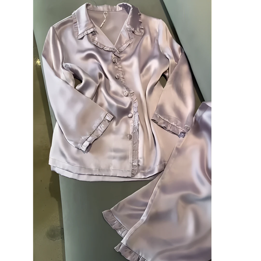法式轻奢感木耳边冰丝睡衣女春秋季新款长袖长裤家居服套装可外穿