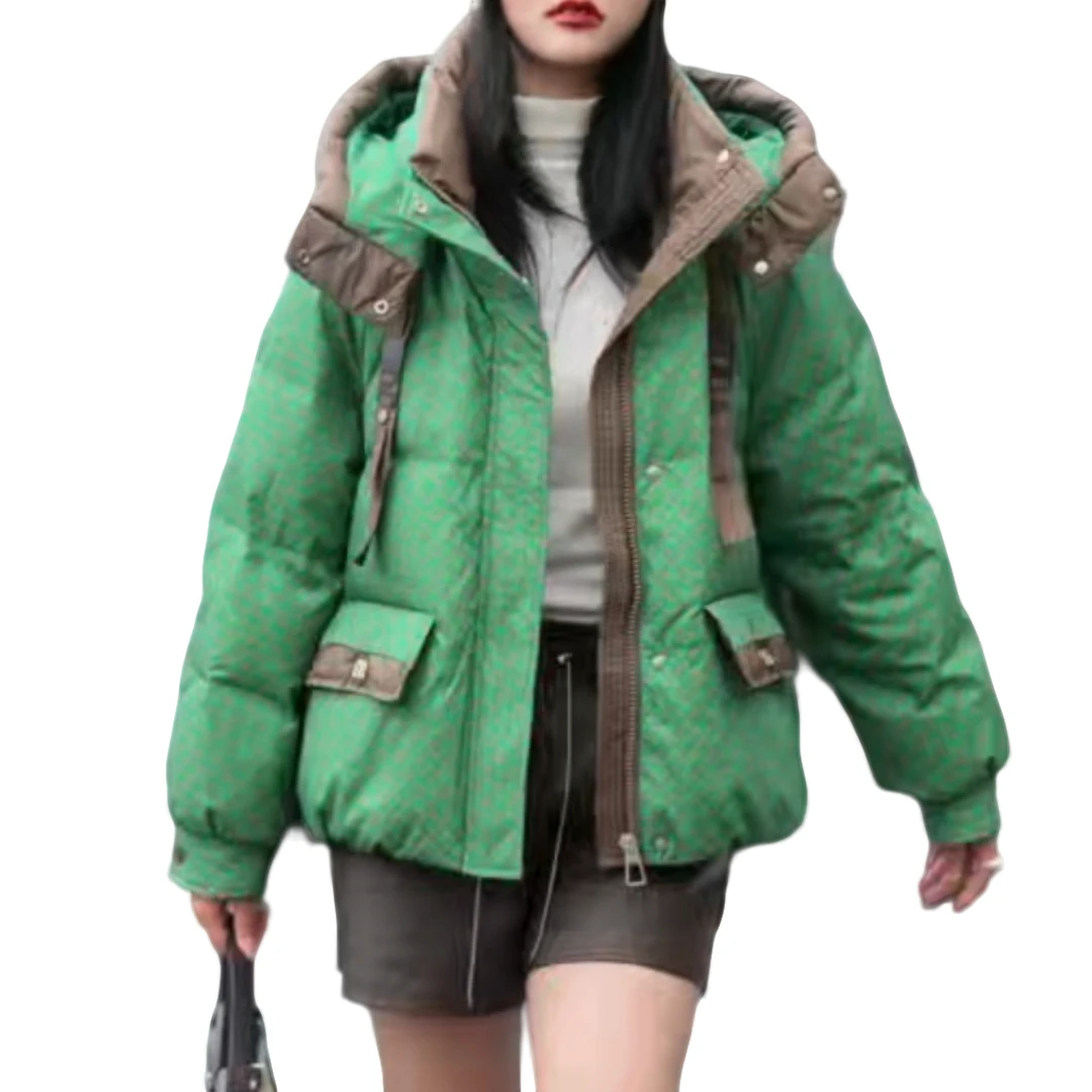 【洋玉服饰】冬季新款时尚90白鸭绒豹纹花型连帽短款加厚羽绒服