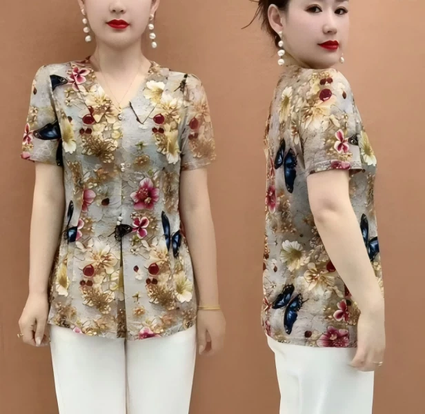 夏季新款时尚花色气质百搭女士上衣妈妈装洋气小衫显瘦遮肚子5202