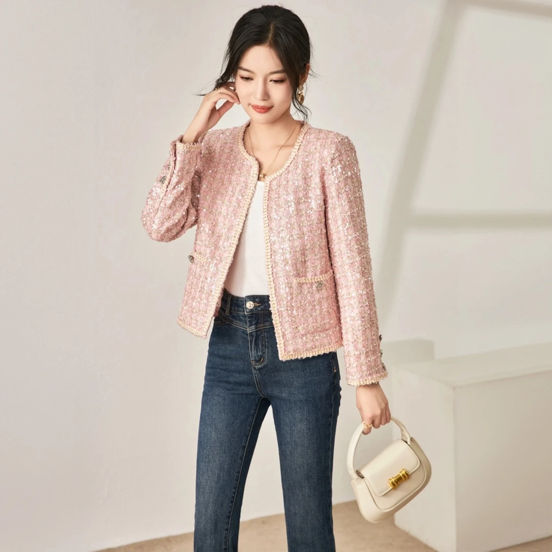 KUFH【甜心闪耀】千金名媛感 亮片小香风粉色优雅外套气质上衣K8905