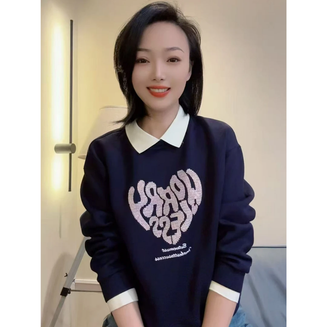 新款爱心亮片休闲宽松假两件卫衣女小个子长袖百搭上衣潮福利001