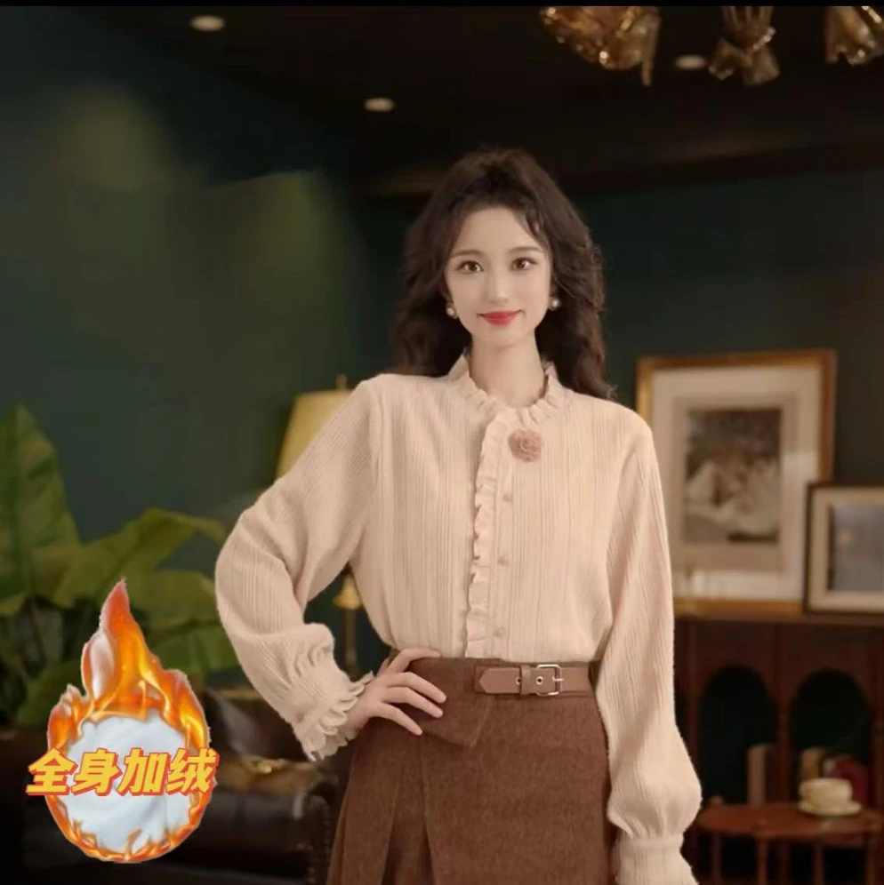 【荔枝桃饮】加绒加厚气质港风设计感宽松长袖衬衫蕾丝衫9515