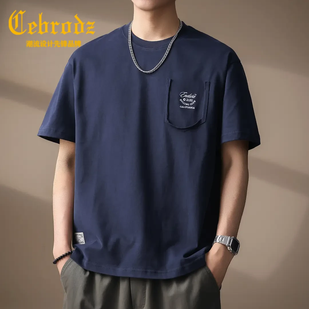 Cebrodz高端重磅纯棉口袋短袖T恤男士夏季潮流上衣宽松纯棉圆领