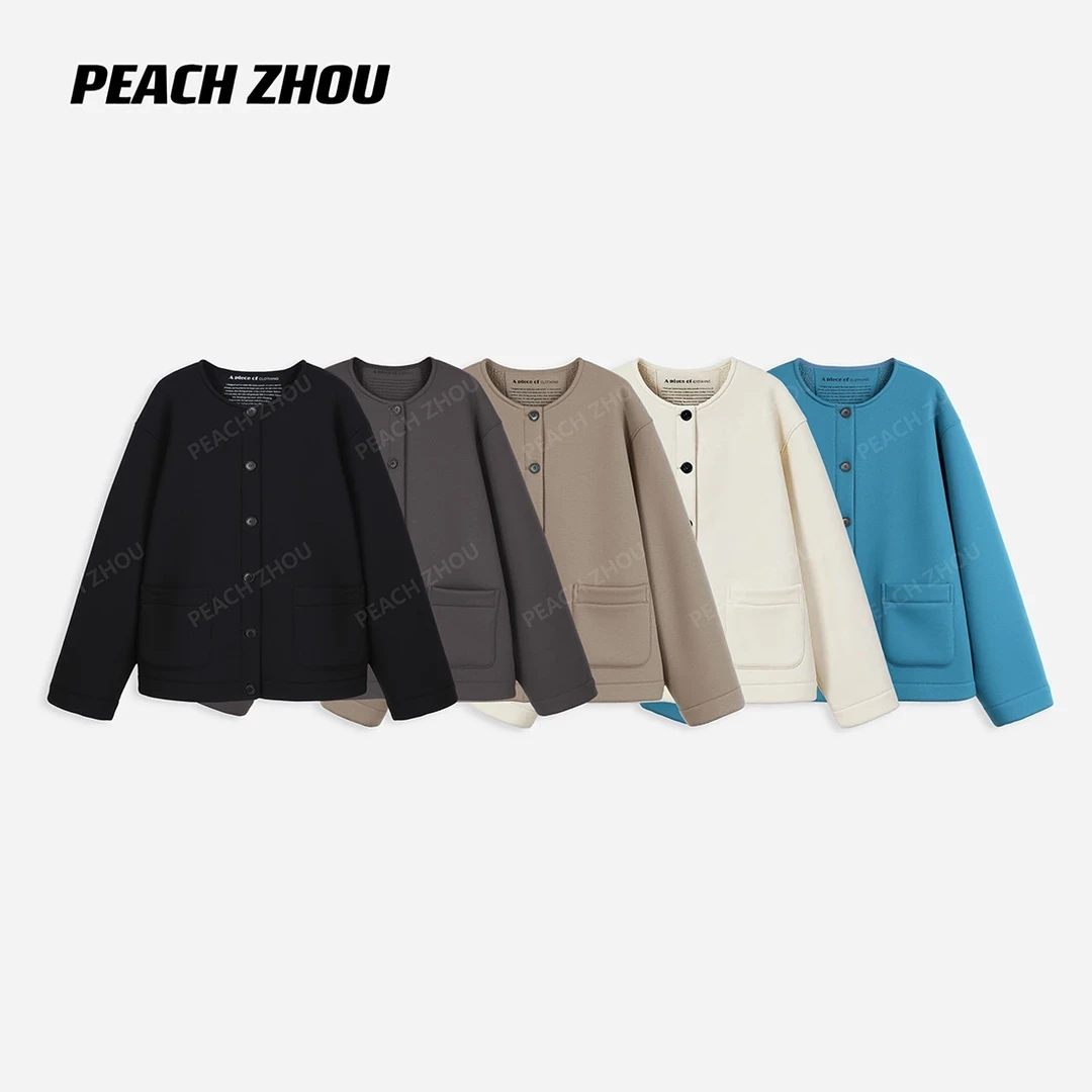 『PEACHZHMO』羊羔贴袋宽松圆领外套复古休闲高级感夹克