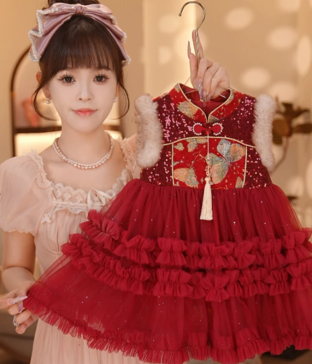 【现货】【Y.a56403】2025新款女宝加厚洋气网纱背心裙加厚套装拜年服