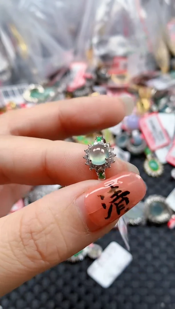 银S925镶嵌戒指翡翠天然A货缅甸翡翠