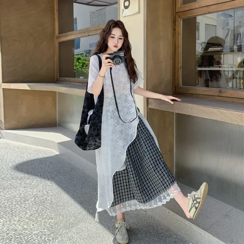 韩系夏季套装裙女2025新款ins风小清新蕾丝侧边斜T裙格子裙两件套
