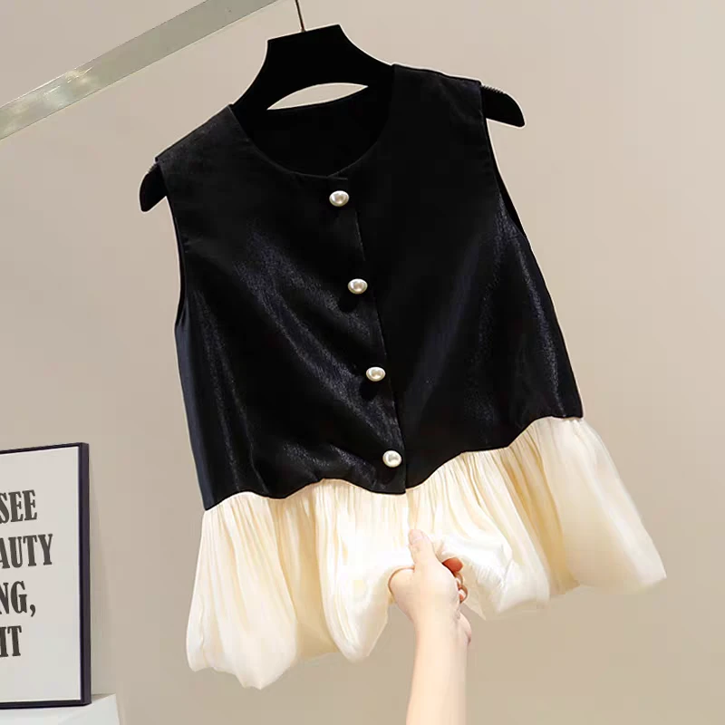 法式珠光网纱拼接无袖上衣女2025新款荷叶边撞色小香风显瘦马甲