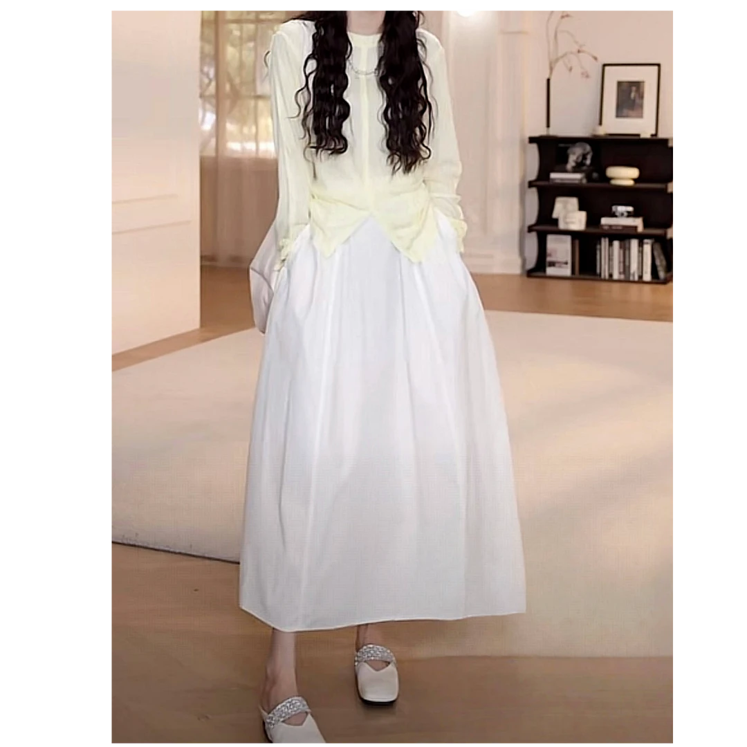 设计感显瘦气质松紧拉链半身裙+百搭纯色防晒长袖T恤夏季两件套