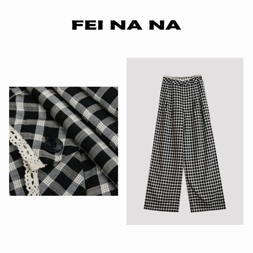 【feinana莱赛尔醋酸】2025夏季新款高腰蕾丝格子窄版直筒裤050901