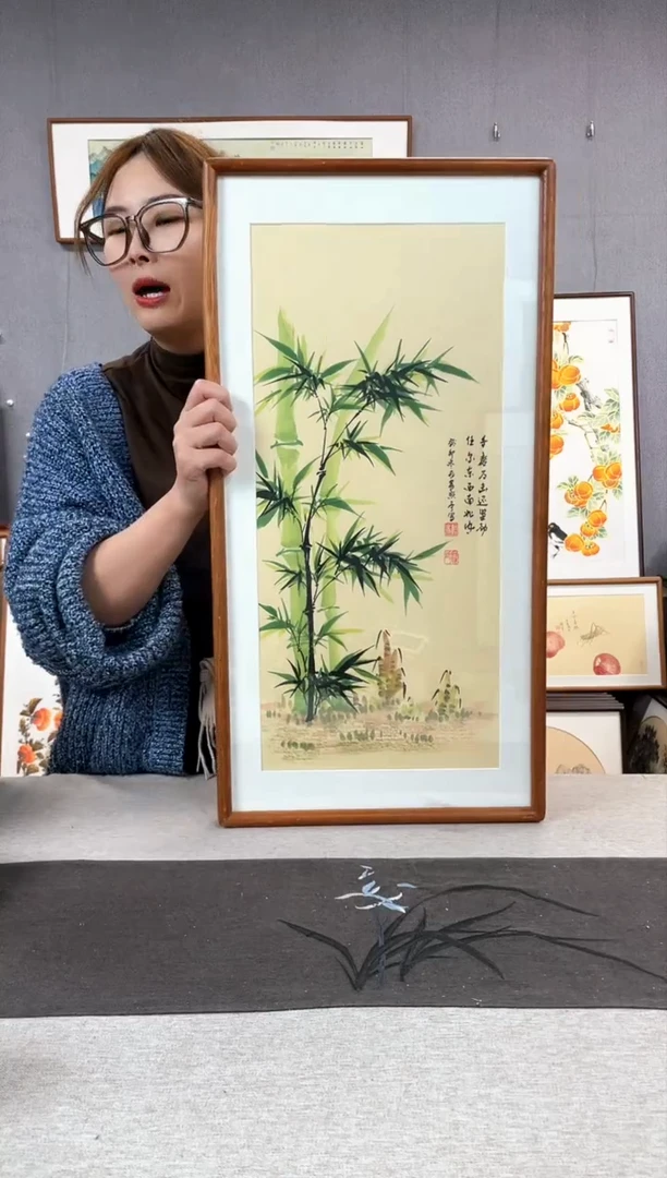 【闪购商品】国画贺照亭-纯手绘带框作品-35*68-竹子